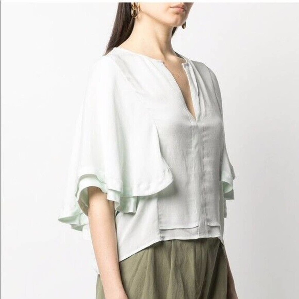 IRO Silk Blend Top Blouse Mint Green Short Draped Sleeve V neck 36 S